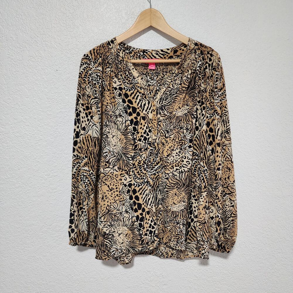 Lilly Pulitzer Safari Mixed Print Long Sleeve Relaxed Fit Top Silk Medium